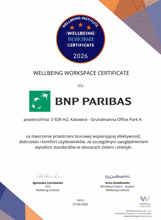 CERTYFIKAT WELLBEING WORKSPACE_BNP Paribas_Katowice